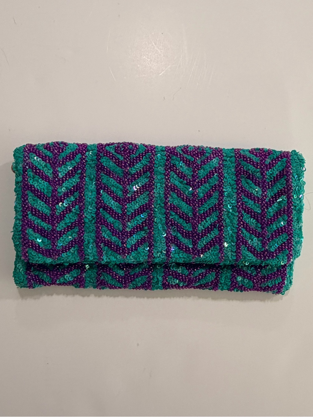 Anthropologie Hand Beaded Sequin Chevron Foldover Clutch Pouch Case Teal Purple